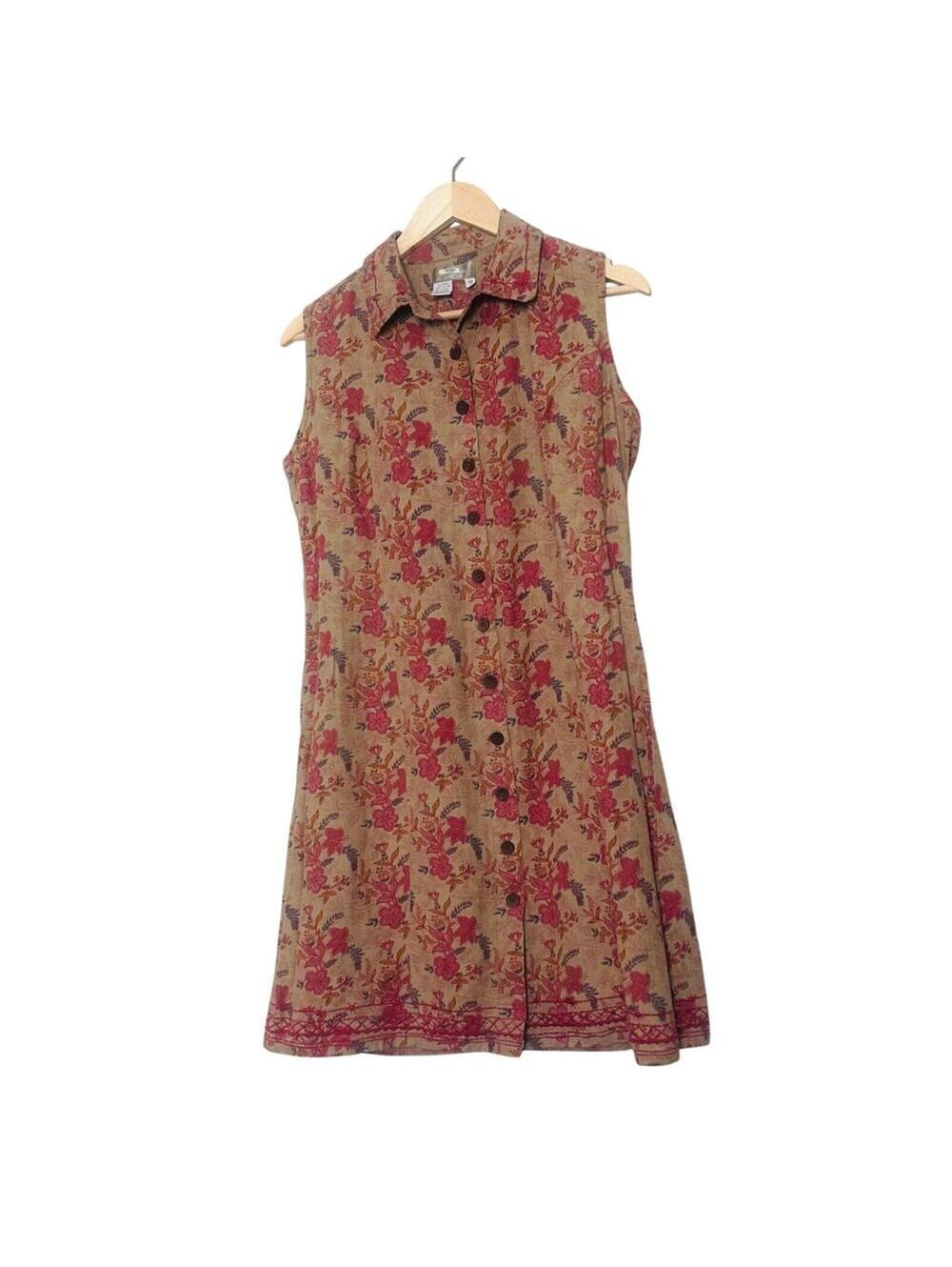 VTG The Territory Ahead India Cotton Floral Button‑Front 12 Dress 90s/2000s Tan